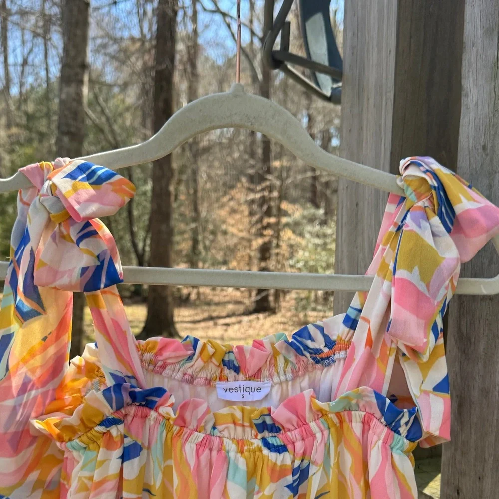 vestique Pink, Blue, Yellow & Cream Ruffle-Top Dress - Picture 5 of 9